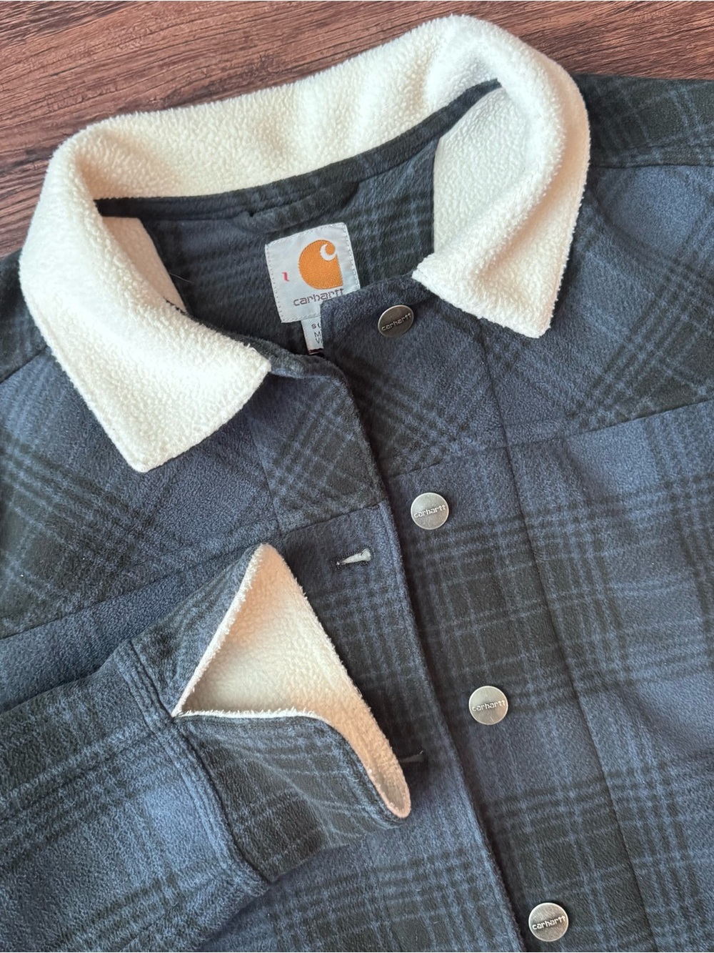 Carhartt Jacket Women's Sherpa Lined Cedar Plaid Blue Gray Fleece Small 4/6